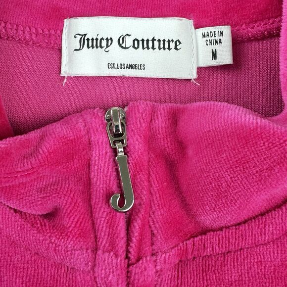 Juicy Couture Track Jacket Women's M Hot Pink Velour Full Zip Pockets "J" Charm - Picture 14 of 14